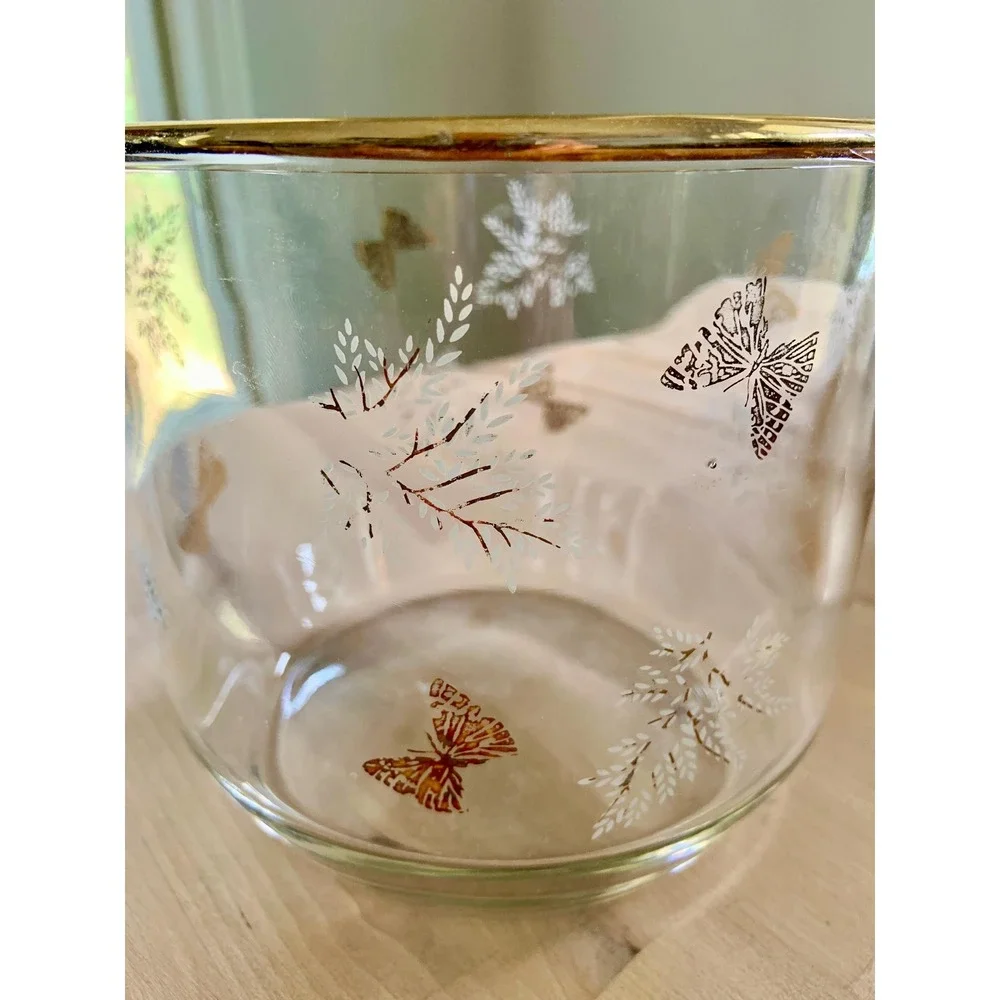 MCM 1970s Vintage Gold Butterfly and White Leaf Glass Ice Bucket w/ Golden Tongs